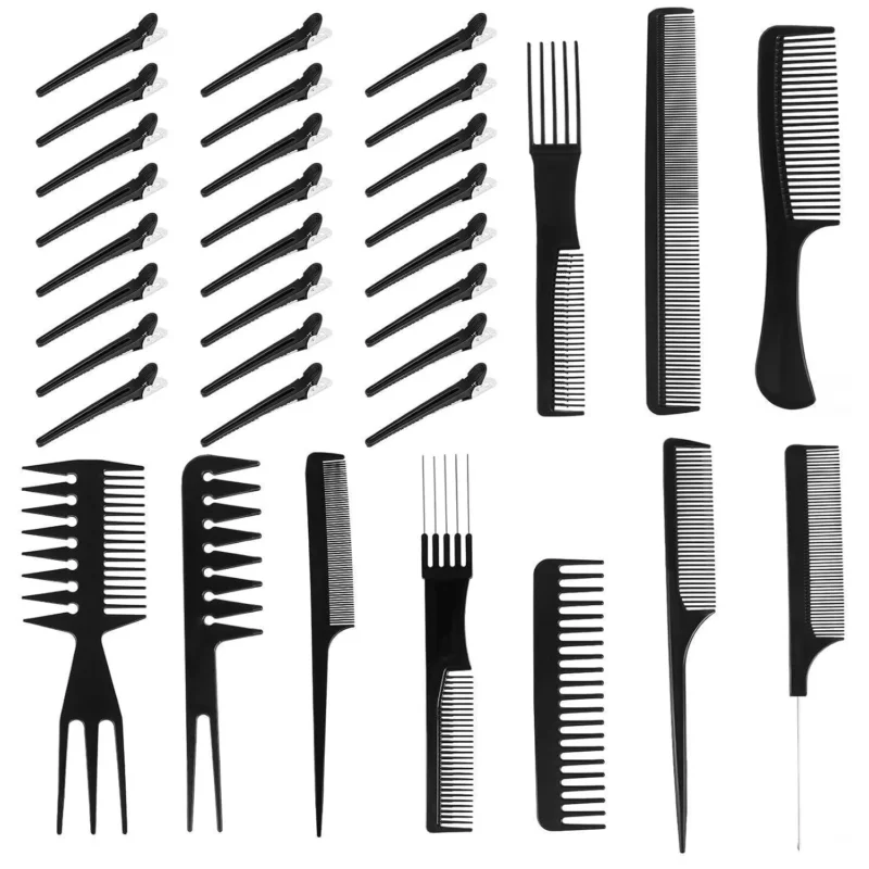 34-teiliges Profi Styling Kämme Set mit Clips, Schwarz
