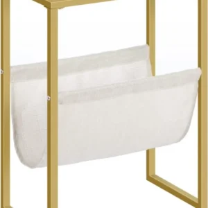 Schmaler Beistelltisch mit Glasplatte und Zeitschriftenschlinge, Gold