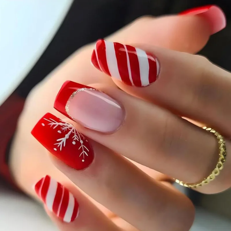 24 Stück Weihnachten Press on Nails Künstliche Nägel Rot Streifen