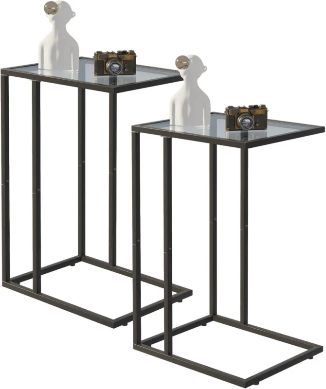 Moderne C-förmige Glas-Beistelltische im 2er Set, Schwarz