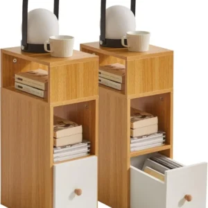 Nachttisch 2er Set Schmal Beistelltisch mit Schublade 2 offene Fächer
