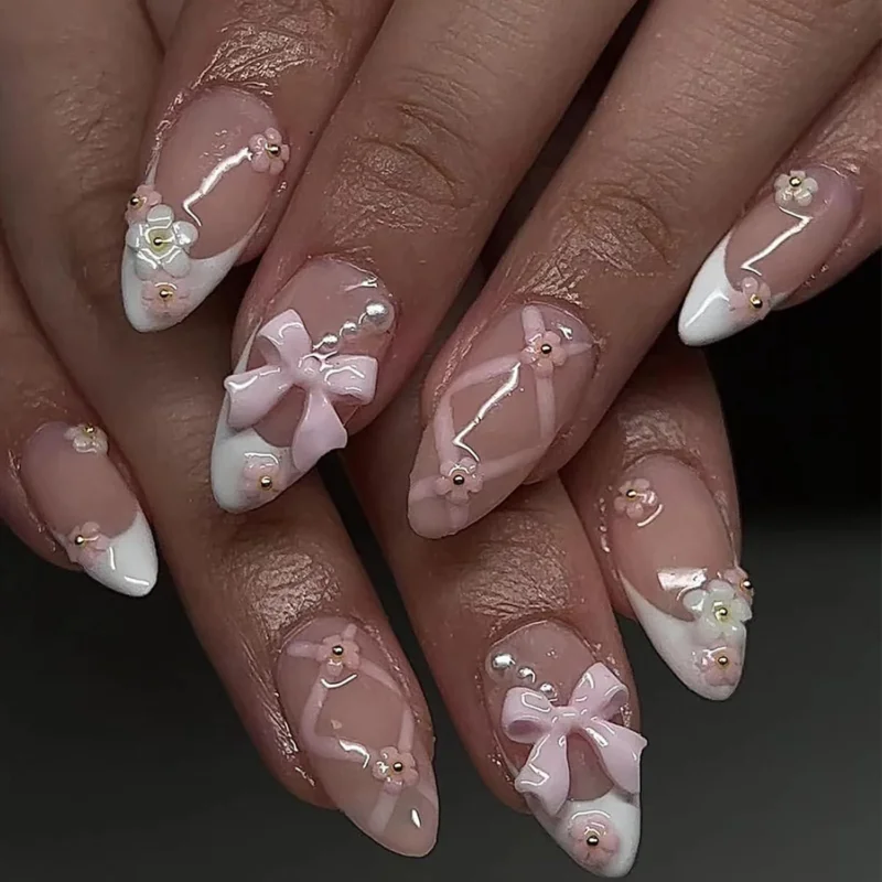24 Stück Künstliche Nägel Mandel Nude French Weiß Tips Falsche Nägel