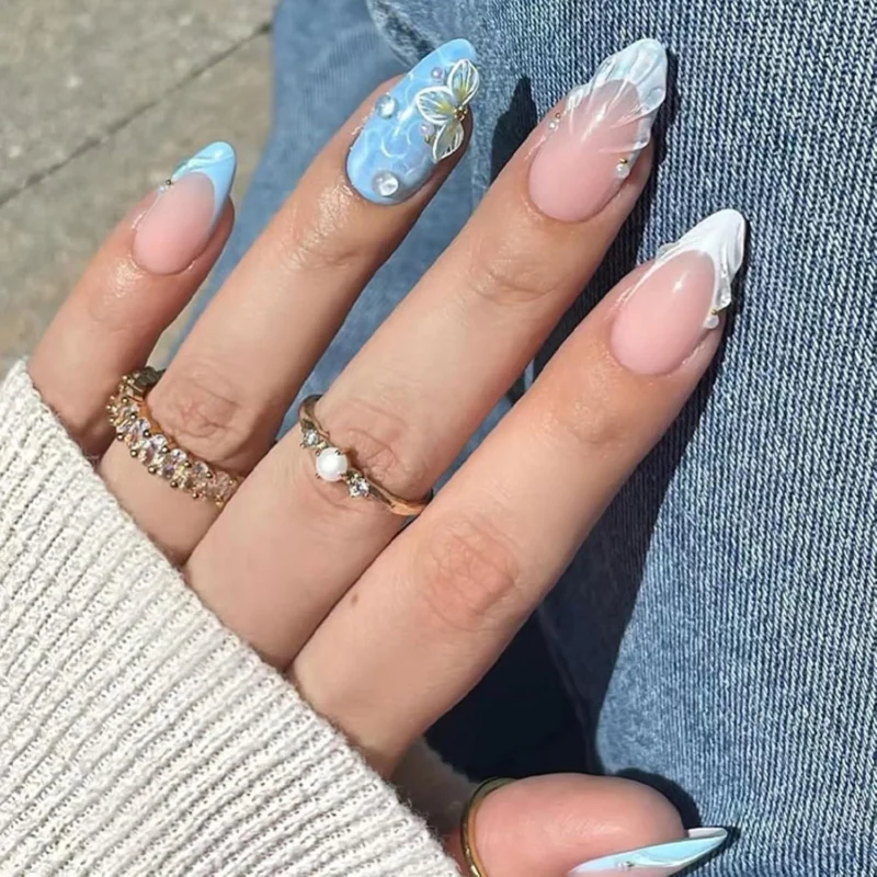 Ceboic 24 Stück Blue French Nägel Mandel Mittellang Ballerina Glossy