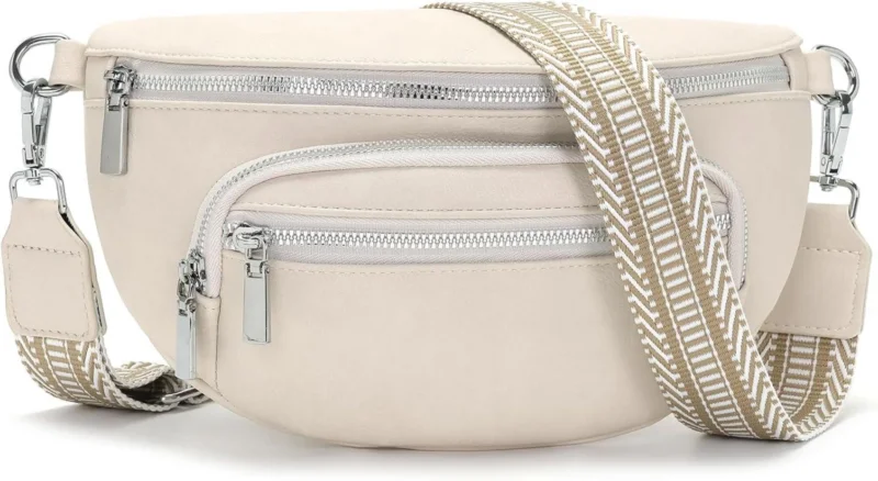 Kleine Bauchtasche Damen Beige Umhängetasche Vegan Leder