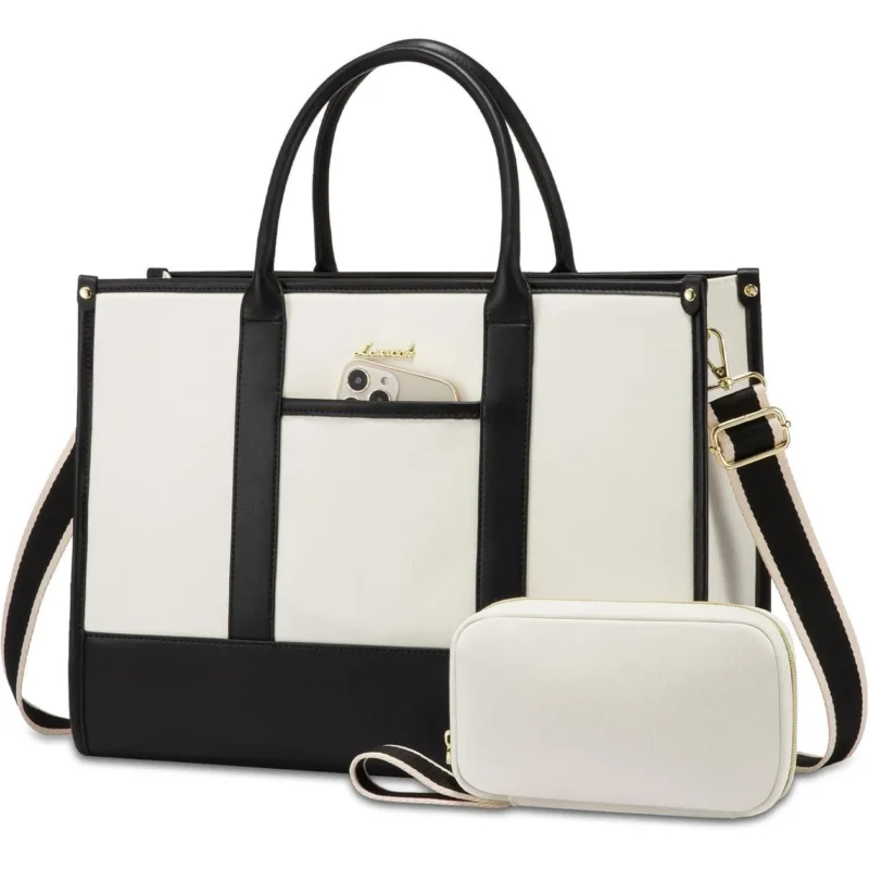 Laptoptasche Damen 17 Zoll, wasserdicht, Kunstleder, schwarz+beige