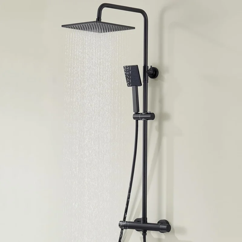 Duschsystem mit Thermostat, Regendusche Schwarz 25x25cm