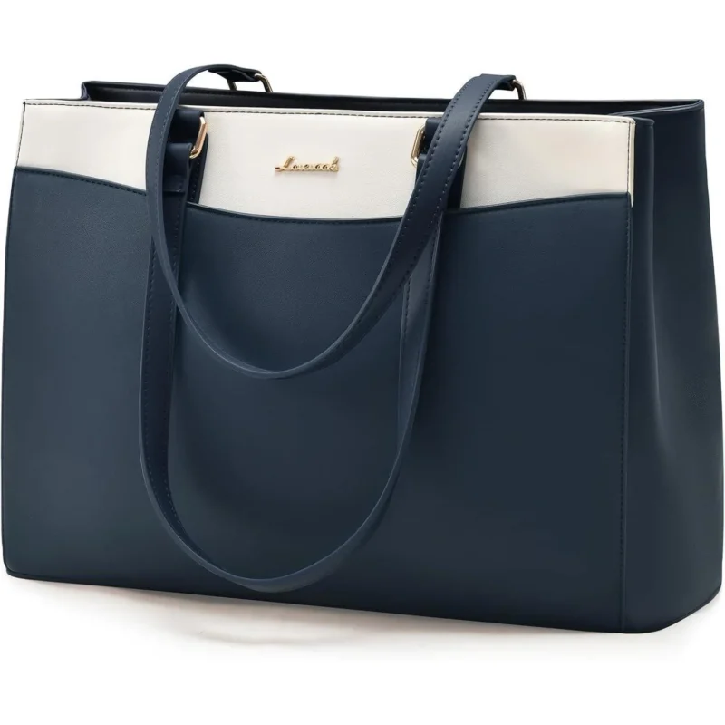 Laptoptasche Damen 15,6 Zoll, Elegante Arbeitstasche mit Laptopfach, Dunkelblau+beige