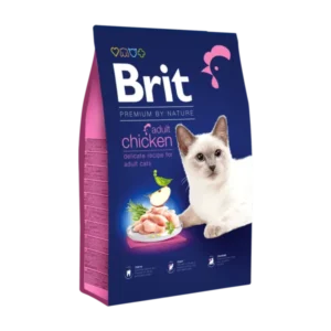 Brit Premium by Nature Adult Chicken cat food bag with delicate recipe, raw chicken illustration, and teeth coat benefits