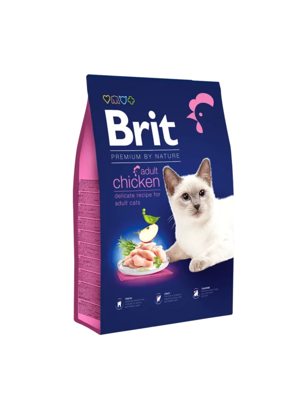 Brit Premium by Nature Adult Chicken cat food bag with delicate recipe, raw chicken illustration, and teeth coat benefits