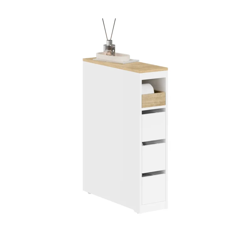 Vorverkauf | SoBuy | Badezimmerschrank mit Rollen | Schmaler | Weiß-Natur | BZR54-K-W