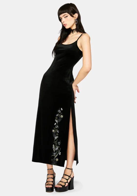 Bluesow Feather & Thistles Bestickt Velours Slip Maxi Kleid