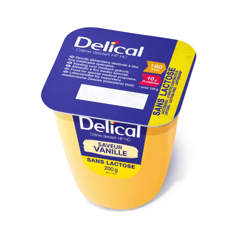 Delical Dessertcreme HP HC Aprikose, laktosefrei, Einzelbecher mit Nährwertangaben.