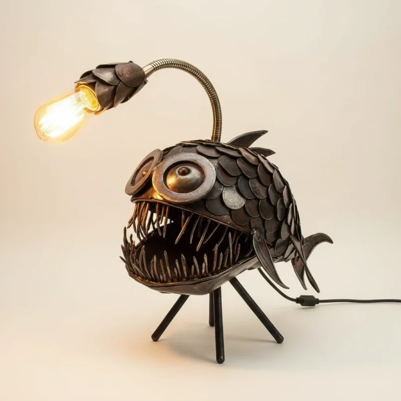 Brehn | Anglerfisch Skulptur-Lampe | Industrial Steampunk Design | Handgefertigtes Metall-Kunstwerk | USB-Tischleuchte für Büro & Wohnraum