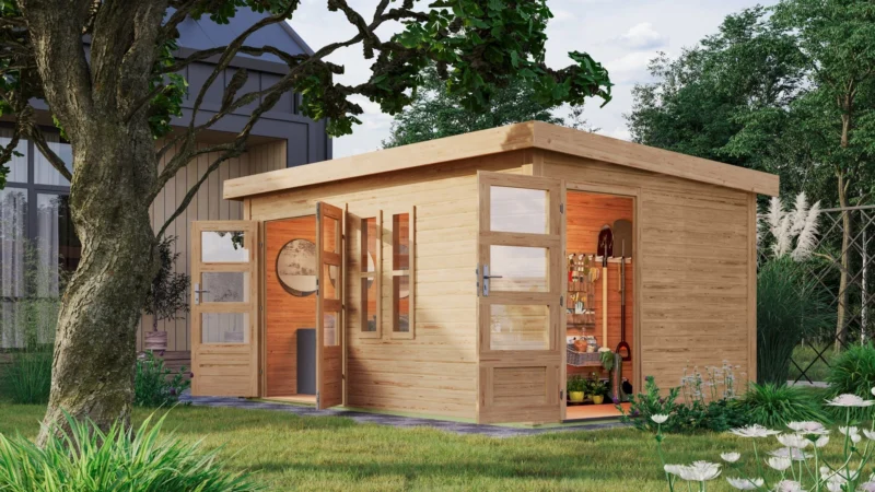 Karibu Gartenhaus “Schönbuch 2” Flachdach zum Wohnen mit zwei Räumen modern aus Holz in Natur