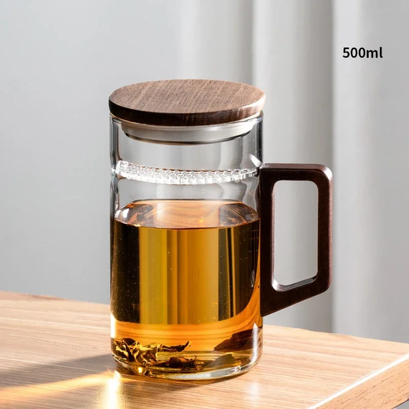 Brehn | GIANXI Teetasse mit Mondfilter Japanischer Holzgriff hitzebeständige Glastassen Teeblatttrennung Teetassenset
