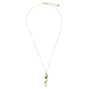 Goldene "Grüne Steine" Halskette von Dottilove vor weißen Hintergrund. Die Halskette hat unten einen goldenen Anhänger und noch Grüne Steine in verschiedenen Tönen.