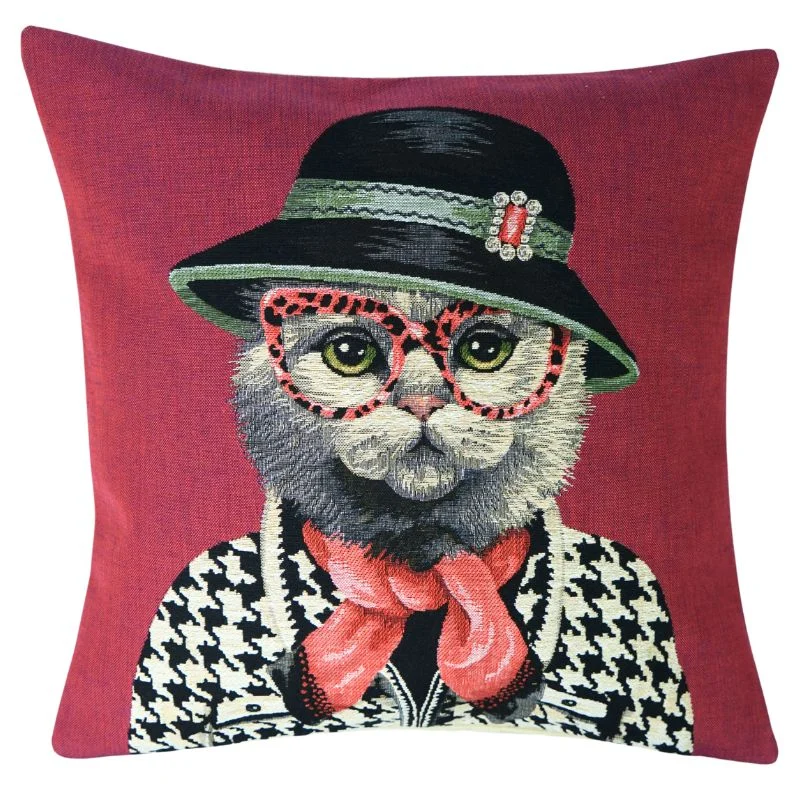Gobelin Kissen Katze mit Hut, Schal und Brille