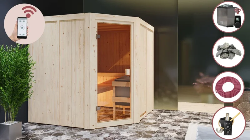 Karibu Innensauna "Sauna Hannah 2" 5 Personen 9 kW Bio-Kombi Ofen + Steuergerät HUUM WIFI