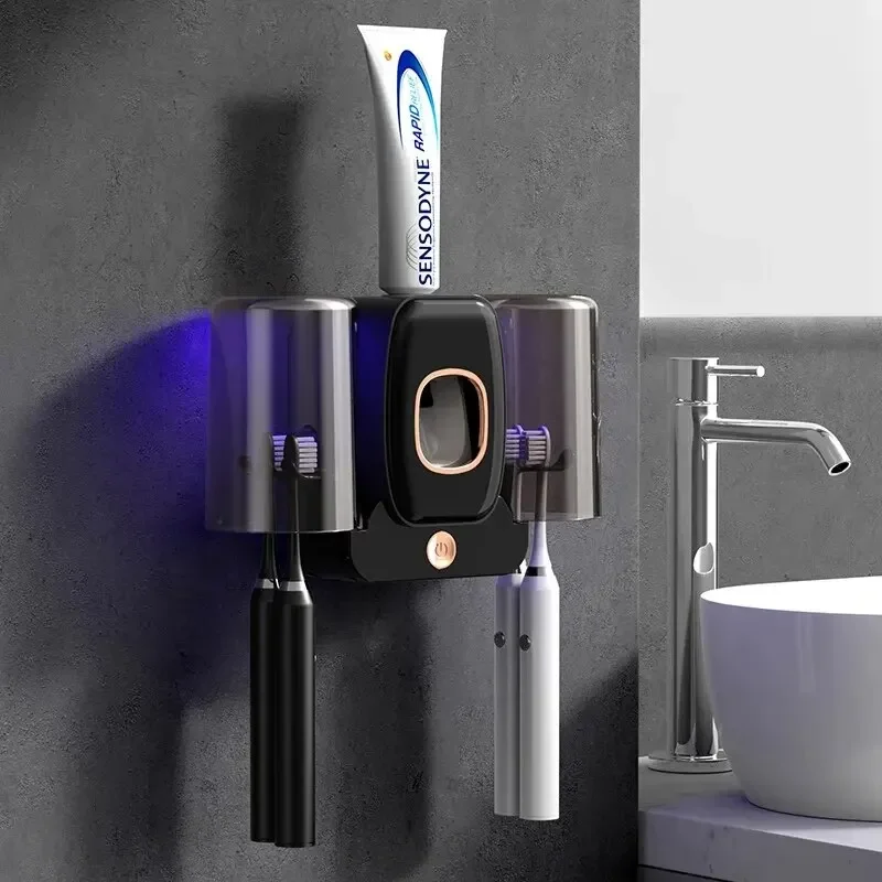 Brehn | UV Zahnbürstenhalter PureBrush UV | Sterilisation mit UV-Licht | Automatischer Zahnpastaspender | Wandmontage ohne Bohren