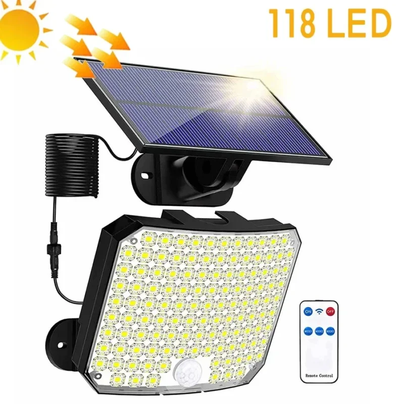 Brehn | Solvalux Solar Wandleuchte mit Bewegungsmelder | 192 LEDs | Abnehmbares Solarpanel mit 5 m Kabel | 4 Modi & Fernbedienung | IP65 Wasserdicht