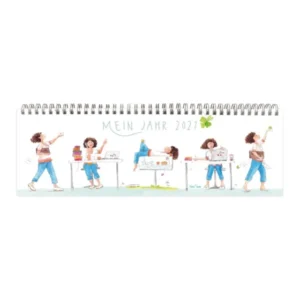 Tischkalender Frauenpower vom Grätz Verlag. Zu sehen ist das Deckblatt mit einer braunhaarigen Frau, welche eine helle Blouse und eine blaue Jeans trägt. Sie ist in fünf verschiedenen Ausführungen zdargestellt. Je zwei mal seitlich laufend mit Tasse bzw. Kleeblatt in der Hand, zwei mal am Schreibtisch sitzend mit Laptop und Büchern und in der Mitte der Darstellung liegend auf einem "Pause"- Schild.