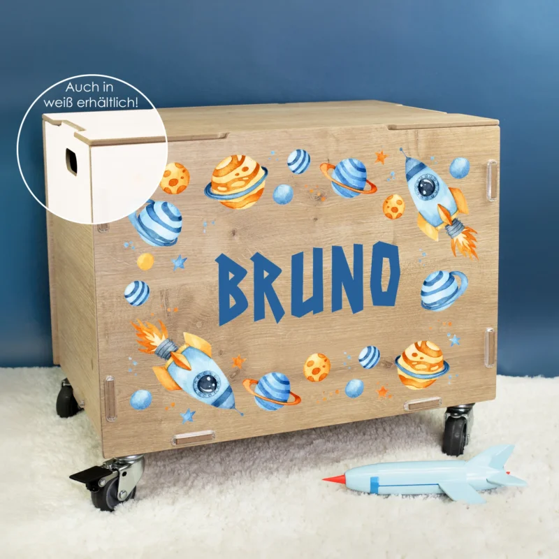 Personalisierte Rollbox aus Holz von clipfritz - Spielzeugkiste mit Weltraum Motiv & Name für Jungen