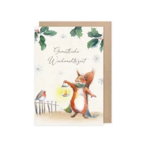 Weihnachtskarte vom Grätz Verlag mit Eichhörnchen, Laterne, Mistelzweigen und Rotkehlchen.