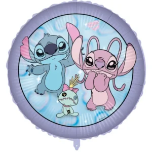 Ballon aluminium rond Angel et Stitch pour enfant bleu et violet avec Scrump