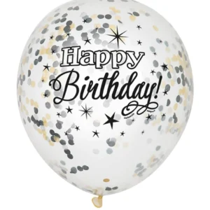 Ballon en latex Happy Birthday argent et or avec confettis
