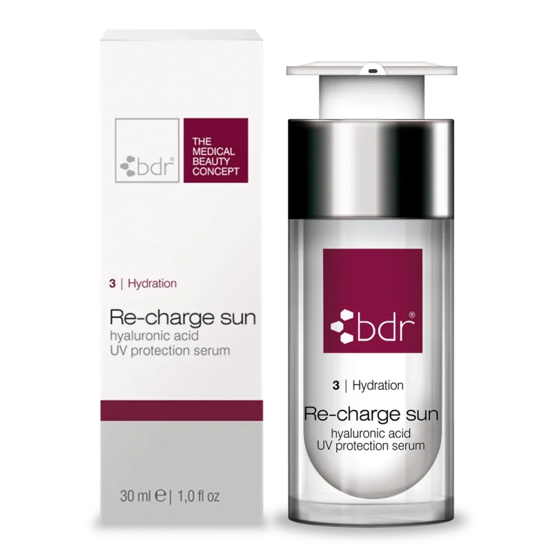 BDR MEDICAL BEAUTY Re-charge SUN – hyaluronic acid UV protection serum, 30ml, Pumpspender und Umkarton