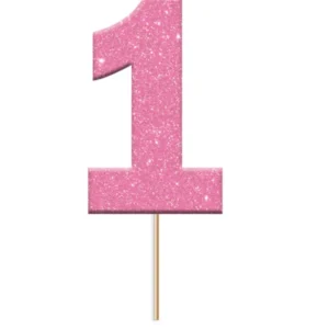 Cake topper en plastique chiffre 1 rose pailleté avec pic