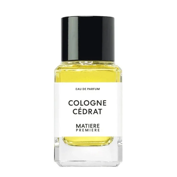 Matière Première - Cologne Cédrat zeigt klaren Flakon mit gelbem Parfum und schlichtem Etikett mit schwarzem Verschluss