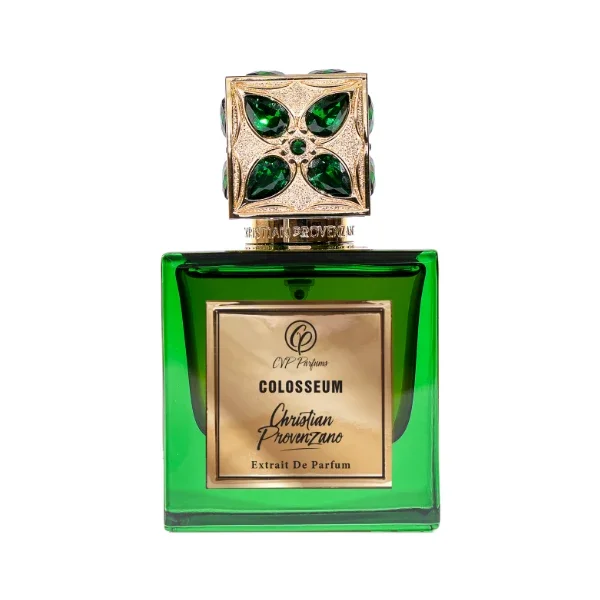 Christian Provenzano - Colosseum Parfumflakon in grünem Glas mit elegantem goldverziertem Verschluss und edlem Etikett