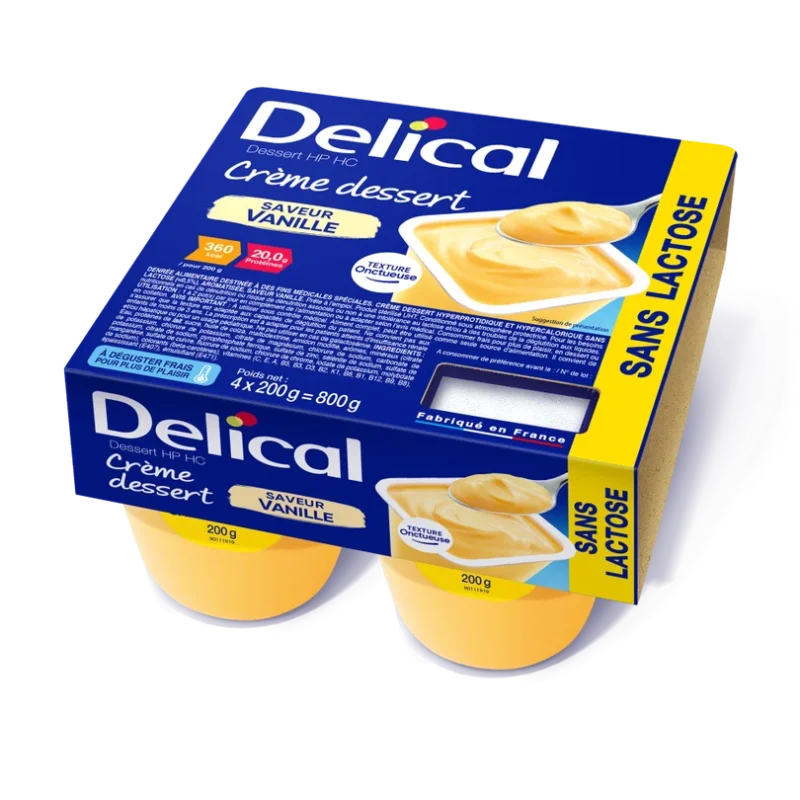 Delical Dessertcreme HP HC Vanille, laktosefrei, Verpackung mit vier Bechern.