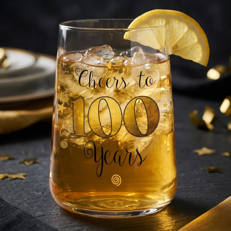Trinkglas mit „Cheers to 100 Years“-Motiv, goldenem Getränk, Eiswürfeln und Zitronenscheibe auf dunkler Festtafel
