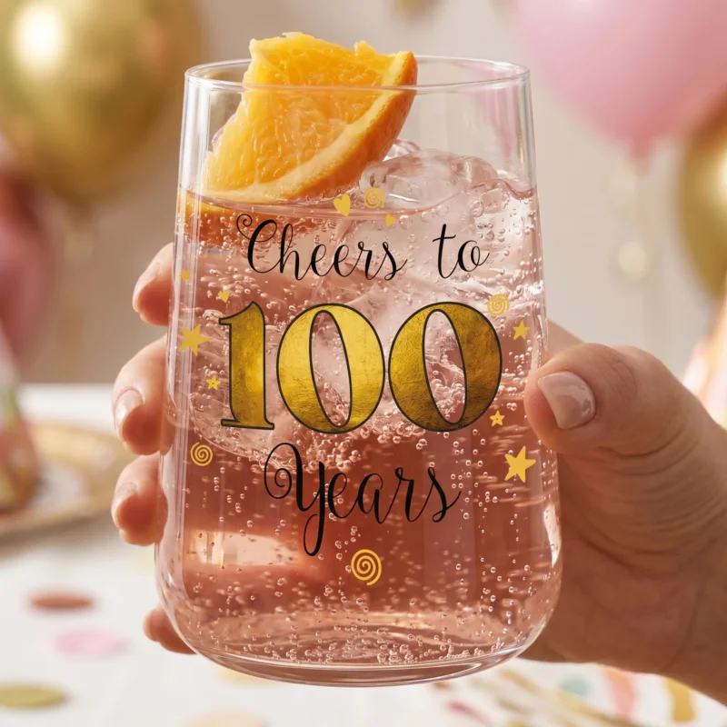 Saftglas zum 100. Geburtstag mit rosa Getränk, Orangenscheibe und festlicher Tischdekoration