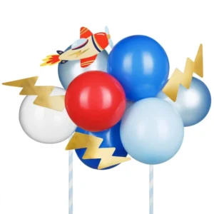 Décoration de gâteau petit avion pour enfant avec ballons colorés et éclairs dorés