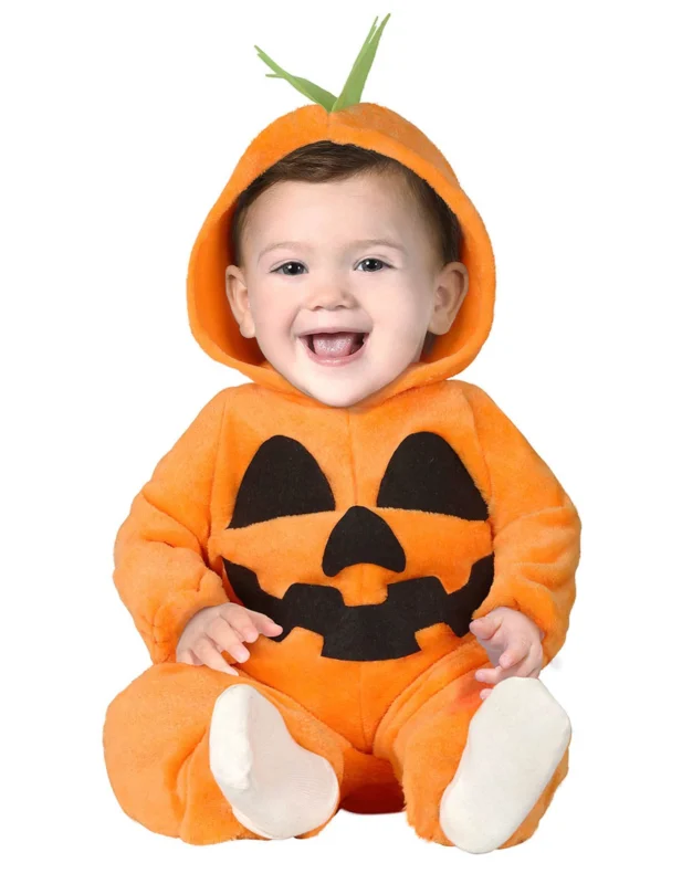 Déguisement citrouille peluche pour bébé orange avec visage noir et capuche
