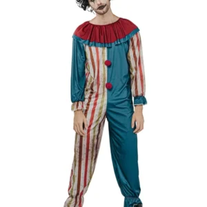 Déguisement clown tueur coloré Halloween pour homme bleu et rayures ensanglantées