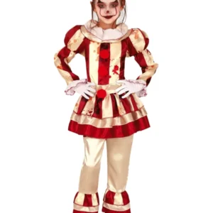 Déguisement de clown terrifiante pour fille rouge et blanc ensanglanté