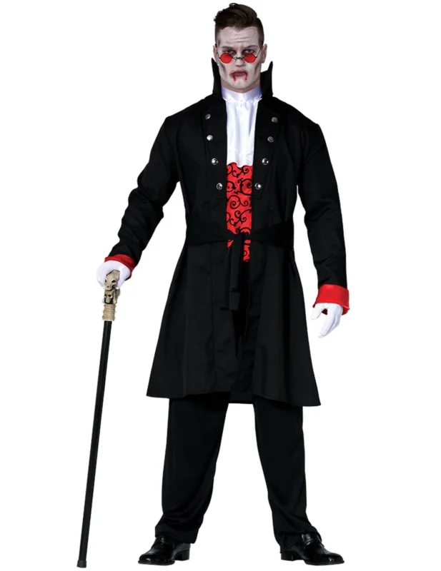 Déguisement de comte vampire pour homme noir et rouge avec long manteau