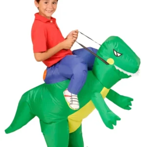 Déguisement explorateur à dos de dinosaure pour enfant vert et jaune gonflable avec chapeau