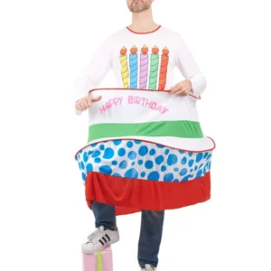 Déguisement gâteau d'anniversaire pour homme blanc et multicolore avec chapeau bougies