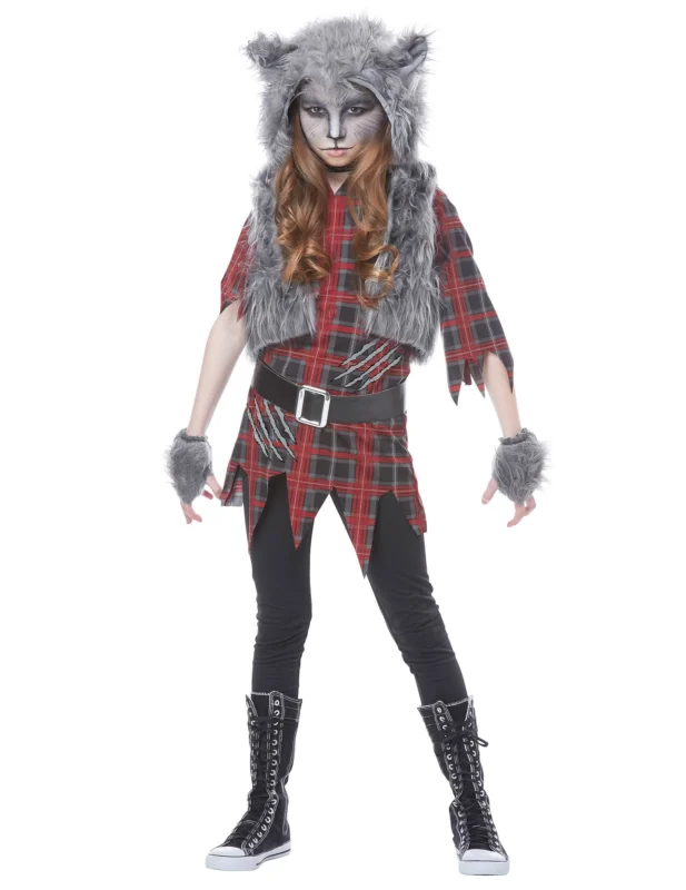 Déguisement loup garou luxe pour fille rouge et gris avec fourrure