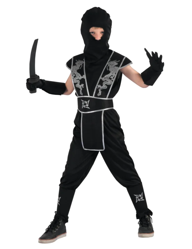Déguisement ninja étoile Shuriken pour garçon noir et argent avec motifs dragons