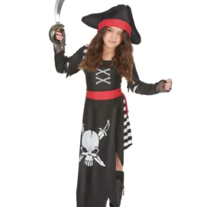 Déguisement de pirate capitaine pour fille noir et rouge avec chapeau