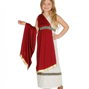 Déguisement de princesse romaine pour fille blanc et rouge avec liserés dorés