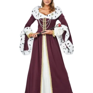Déguisement de reine de conte de fées luxe pour femme bordeaux et blanc avec couronne