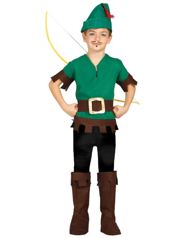Déguisement voleur des bois pour garçon vert et marron avec chapeau à plume