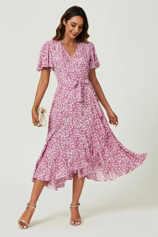 Midi-Wickelkleid mit Blumenmuster in Pink